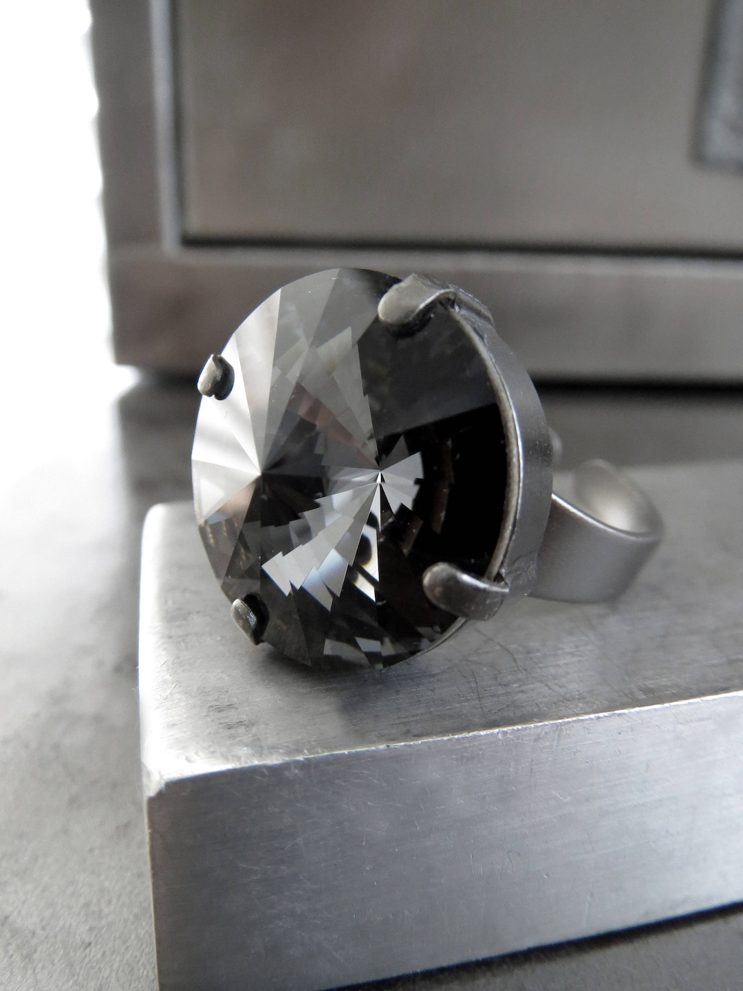 BLACK NIGHT Round Crystal Ring, Dark Grey Gray Rivoli Crystal Ring on ...