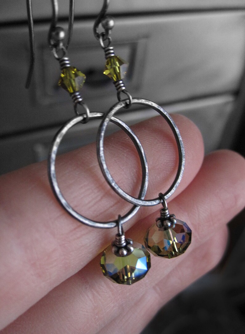 Olive Green Crystal Hoop Earrings Oxidized Sterling Silver Etsy