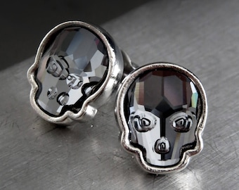 Black Crystal Skull Stud Earrings, Black Skull Post Earrings in Silver Tone Bezels, Goth Skull Studs, Gothic Halloween Jewelry, Unisex Studs