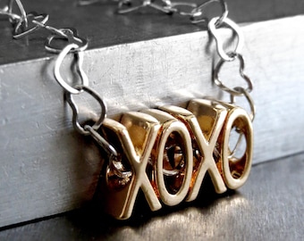 XOXO Pendant Necklace, Gold Hugs and Kisses, Silver Heart Chain - Valentine's Day Gift