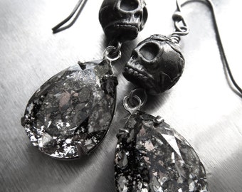 Black Crystal Skull Earrings, Halloween Earrings, Dia De Los Muertos, Day of Dead, Black Patina Mercury, Punk Rocker Goth Gothic Jewelry