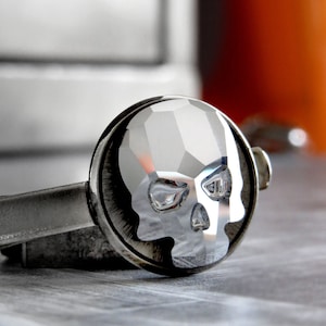 Crystal Skull Tie Clip - Skull Tie Tack 2 Colors: Black Night or Metallic Silver Crystal - Goth Groom Groomsmen Skull Formal Mens Menswear