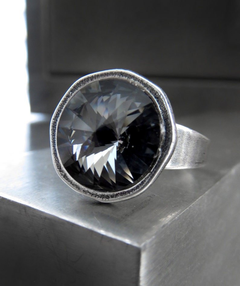 Black Night Crystal Ring with Rivoli Crystal, Antiqued Silver Adjustable Ring Band, Black Diamond Crystal Ring, Modern Minimalist Jewelry image 1