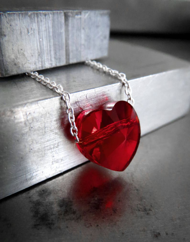 Tiny Red Heart Necklace, Small Red Crystal Heart Pendant Necklace w Silver, Red Heart Jewelry, Valentines Gift for Teen Girl Girlfriend Wife image 2