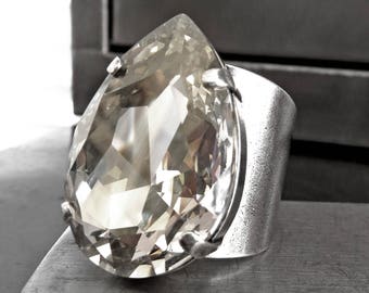 ILLUMINATE - Large Teardrop Crystal Ring in 'Crystal Silver Shade', Huge Crystal Cocktail Ring, Adjustable Band, Unisex Womens Mens Ring