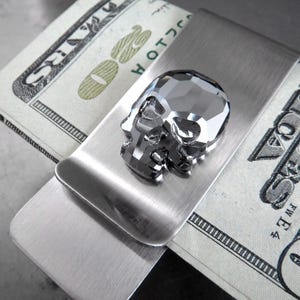 Clip para billetes con calavera de cristal negra, clip para billetes de acero cepillado plateado envejecido, billetera delgada para hombre, regalo para papá, regalo para el día del padre, regalo para padrinos de boda