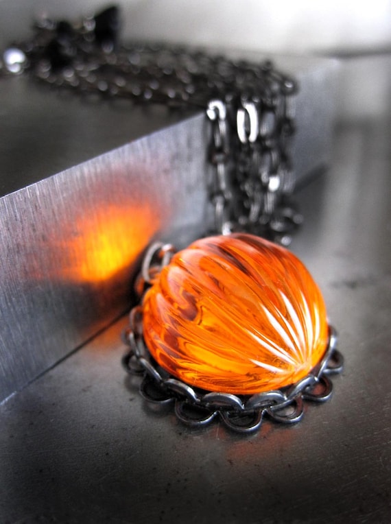 Neon Orange Halloween Pumpkin Necklace, Dayglo Day Glow Fluorescent Orange Pumpkin Pendant, Long Black Chain, Gothic Halloween Jewelry