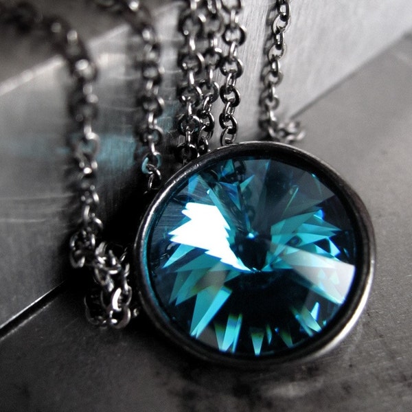 LAST ONE - Aqua Crystal Pendant Necklace, Swarovski Rivoli Crystal, Aqua Blue Indicolite with Black Gunmetal Bezel and Black Chain 1122