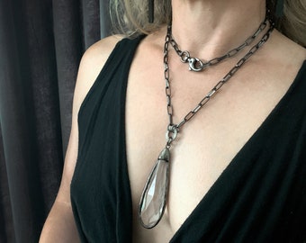 REVEAL - Clear Glass Teardrop Pendant Necklace, Long Chunky Black Gunmetal Chain, Convertible Necklace Wear Two Ways, Double Choker Choker