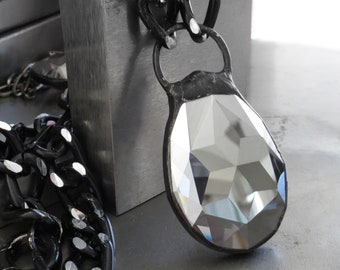 TWO-FACED - Two-Sided Large Teardrop Pendant Necklace with Thick Black and Silver Faceted Chain - Metallic Silver and Black Diamond Teardrop