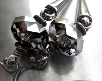 Black Spike Earrings with Crystal - Gunmetal Black Dagger Earrings, Metallic Black Jewelry, Goth Gothic Jewelry, Punk Rock Girl Earrings