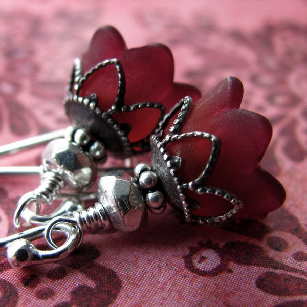5 PAIRS: Petite Deep Red Wine Flower Earrings with Antiqued Silver