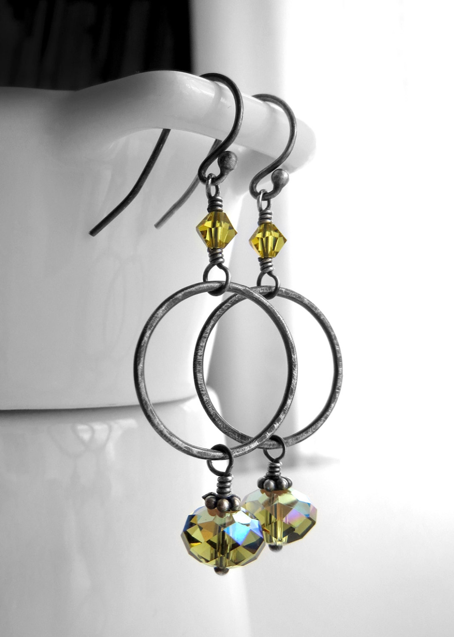 Olive Green Crystal Hoop Earrings Oxidized Sterling Silver - Etsy