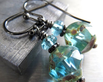 INNER BEAUTY - Small Earthy Aqua Glass Earrings, Rustic Boho Style Glass Bead Earrings, Affordable Jewelry Gift for Teen Girl Teenager