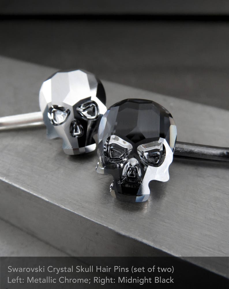 Black Crystal Skull Hair Pins Set of 2 Crystal Skull Bobby Pins in Midnight Black, Goth Black Hair Accessories, Gothic Halloween Jewelry image 5