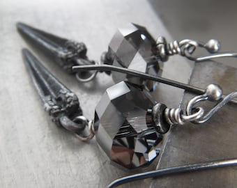 DAGGER - Crystal Earrings with Antique Silver Pointed Dagger Spike, Dark Medieval Renaissance Jewelry, Vintage Style Goth Gothic Jewelry