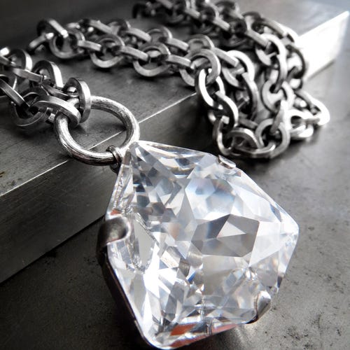 STAR DUST - Dazzling Clear Crystal Pendant Necklace with Antique Silver Chain, Trilliant Cut Crystal