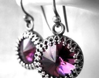 Amethyst Crystal Purple Earrings, Purple Rivoli Crystal Earrings, Antiqued Silver Crown Bezel, Bridesmaid Jewelry, February Birthstone
