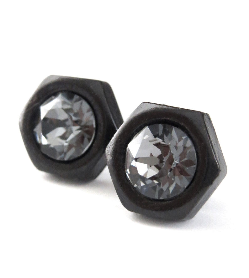 Mens Hex Nut Stud Earrings With Black Crystal Studs Gunmetal Etsy