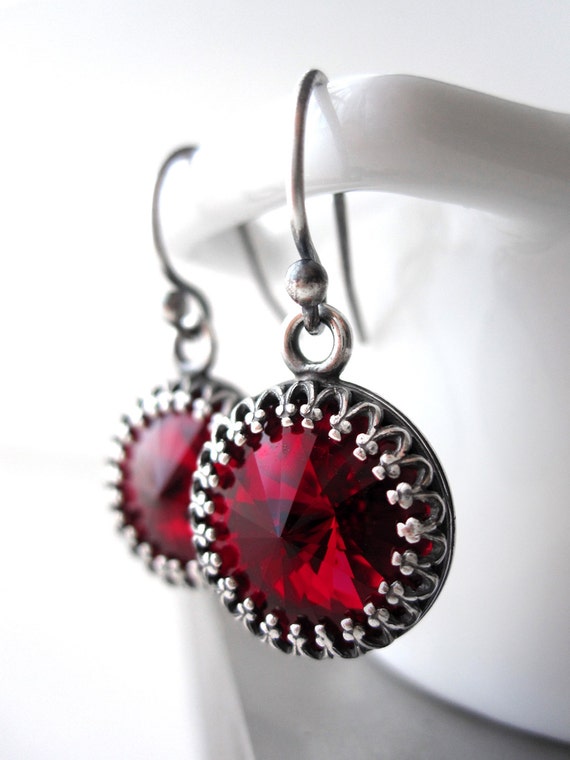 Deep Red Crystal Earrings With Antiqued Silver Crown Bezel | Etsy