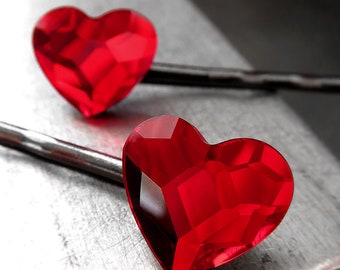 Red Heart Bobby Pins with Crystal - Set of 2 - Goth Gothic Valentine Gift, Love Gift for Teen Tween Teenage Girl, Valentines Day Jewelry