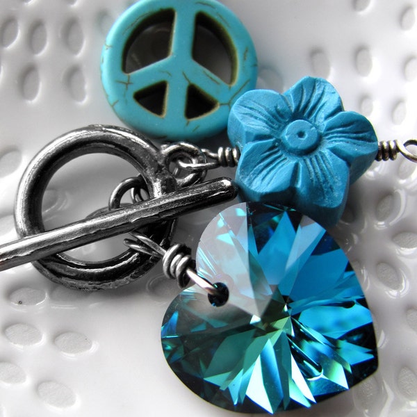 Peace Love Happiness Necklace, Aqua Teal Crystal Heart Pendant, Turquoise Peace Sign, Aqua Flower, Hippie Necklace Jewelry, Yoga Jewelry