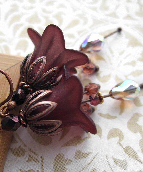 Items similar to Black Cherry Flower Earrings, BrownBurgundy Flower Earrings, Fall Autumn