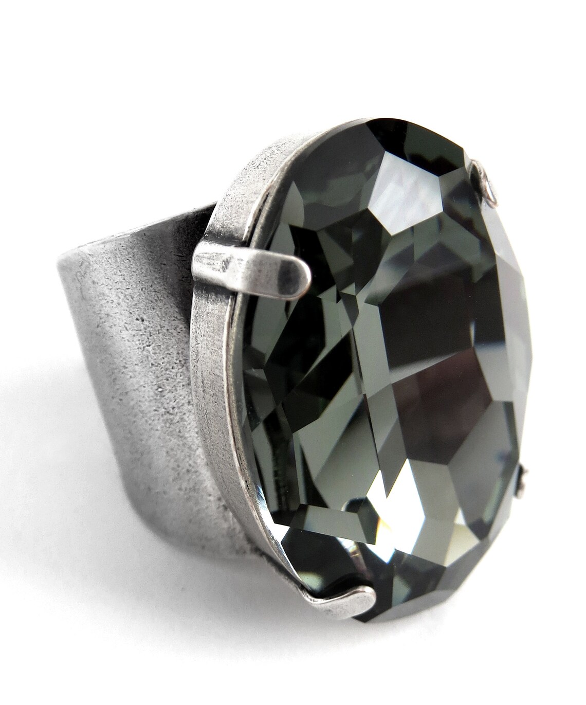 Large Oval 'black Diamond' Crystal Cocktail Ring, Black Statement Ring ...