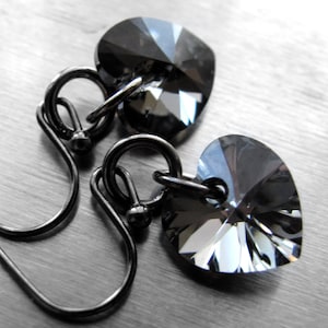 TOUGH LOVE - Small Black Heart Earrings, &#39;Black Diamond&#39; Crystal Heart Earrings, Goth Black Heart Earrings, Gothic Valentines Day Gift