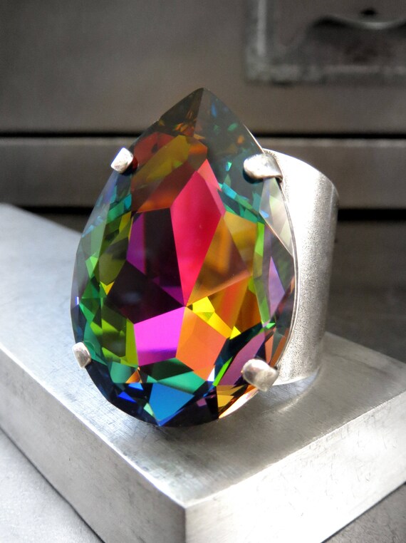 SPELLBOUND Large Teardrop Rainbow Swarovski Crystal Ring | Etsy