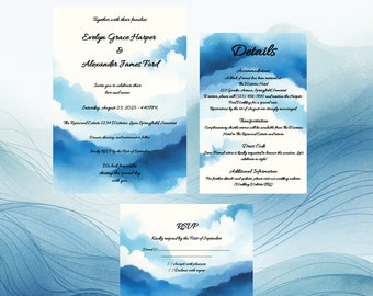 Cerulean - Color agua - Kit de invitación de boda - Canva editable, descarga instantánea, suite completa con detalles y confirmación de asistencia