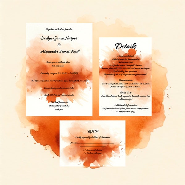 Burnt Orange - Water color - Wedding Invitation Kit - Canva Editable, Instant Download, Full Suite with Details and RSVP