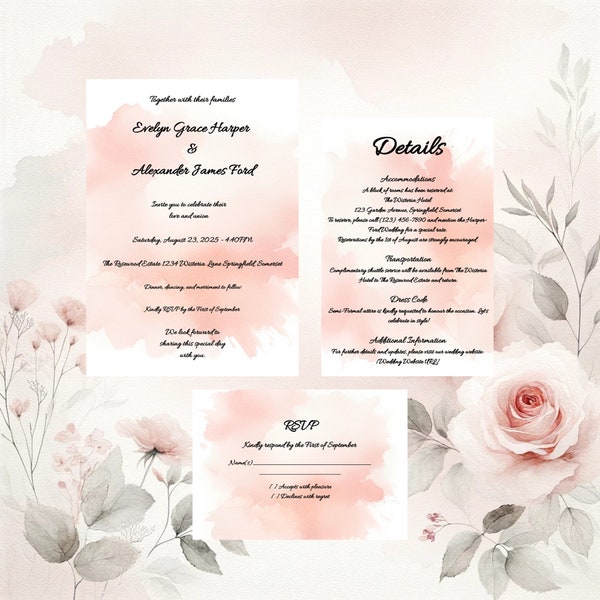 Blush Rose - Water color - Wedding Invitation Kit - Canva Editable, Instant Download, Full Suite with Details and RSVP