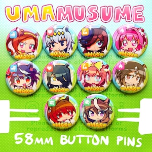 Könnte beinhalten: Eine Sammlung von neun runden Ansteckbuttons mit Illustrationen von Charakteren im Anime-Stil. Jeder Button hat ein anderes Charakterdesign mit dem Wort "MAX" und einem kleinen Symbol. Der Text "UMAMUSUME" und "58MM BUTTON PINS" sind ebenfalls sichtbar.