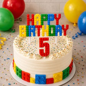 May include: A round white frosted cake decorated with colorful plastic building block pieces around the base. A cake topper spells out "HAPPY BIRTHDAY" in multicolored block letters, and a red number "5" topper sits below it.
