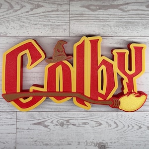 Wizard Harry Name Plate Personalized Potter Sign Game Room Kids Room Gift Idea Birthday Name Cake Topper Hog Name Warts Sign Broom Potter Na image 16