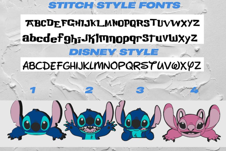 Może przedstawiać: Cztery r&oacute;żne czcionki w stylu Stitch, z tekstem "STITCH STYLE FONTS" i "DISNEY STYLE" w kolorze niebieskim. Czcionki są pokazane w wielkich i małych literach. Pod czcionkami znajdują się cztery obrazy postaci Stitch. Pierwsze trzy to niebieskie postaci Stitch z r&oacute;żnymi wyrażeniami. Czwarta to r&oacute;żowa postać Stitch z innym wyrażeniem.