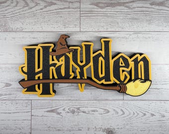 Wizard Harry Name Plate Personalized Potter Sign Game Room Kids Room Gift Idea Birthday Name Cake Topper Hog Name Warts Sign Broom Potter Na