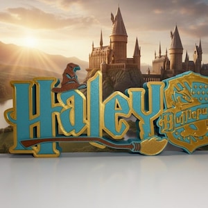 Wizard Harry Name Plate Personalized Potter Sign Game Room Kids Room Gift Idea Birthday Name Cake Topper Hog Name Warts Sign Broom Potter Na image 3
