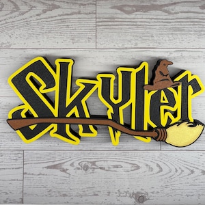 Wizard Harry Name Plate Personalized Potter Sign Game Room Kids Room Gift Idea Birthday Name Cake Topper Hog Name Warts Sign Broom Potter Na image 15