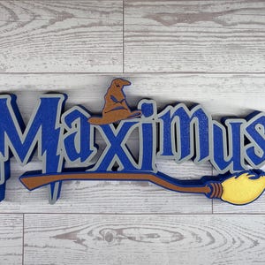 Wizard Harry Name Plate Personalized Potter Sign Game Room Kids Room Gift Idea Birthday Name Cake Topper Hog Name Warts Sign Broom Potter Na image 8