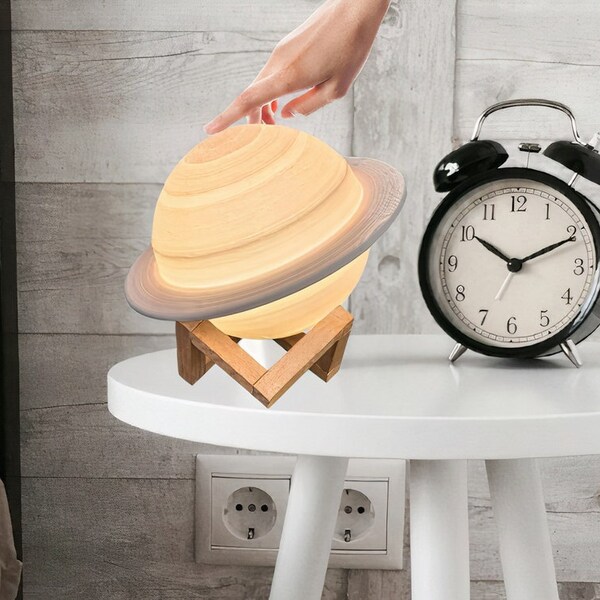 Saturn Desk Lamp with Wooden Stand| Kids Night Lamp | Cosmic Saturn Planet Lamp | 3d Solar-System Lamp | Space-Themed Gifts |