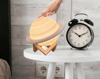 Saturn Desk Lamp with Wooden Stand| Kids Night Lamp | Cosmic Saturn Planet Lamp | 3d Solar-System Lamp | Space-Themed Gifts |