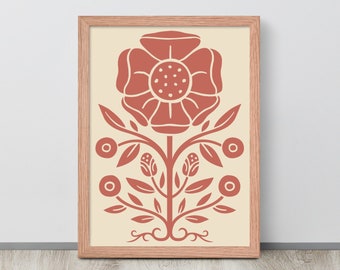 Framed Folk Floral Poster in Terracotta / Various Sizes: 8x10, 11x14, 12x16, 12x18, 16x20, 18x24, 20x30, 24x36