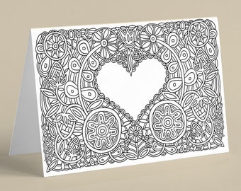 Color-Your-Own Greeting Card in Lace Heart / Digital Download / Printable Coloring Page / Love / Valentine's Day / Letter-Sized 8.5 x 11