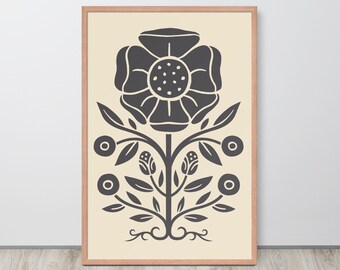 Framed Folk Floral Poster in Charcoal / Various Sizes: 8x10, 11x14, 12x16, 12x18, 16x20, 18x24, 20x30, 24x36