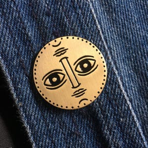 Bronze Enamel Face Pin / Sun / Moon / Celestial / Tarot / Pinback Button Accessory