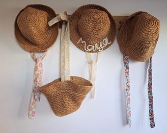 Personalized Baby Sun Hat: Woven Straw Hat with Liberty Ties