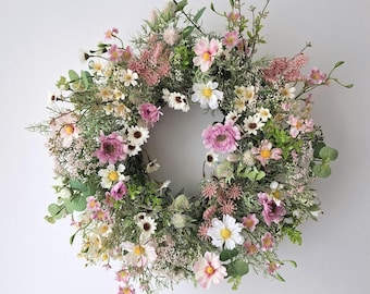 Spring Summer Meadow Wreath 45 cm | Pink & White Floral Wreath | Romantic Cottagecore Wall Decor | Handmade Wildflower Door Wreath