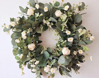 Faux Eucalyptus and White Roses Wreath for front door, Centerpiece, 45cm